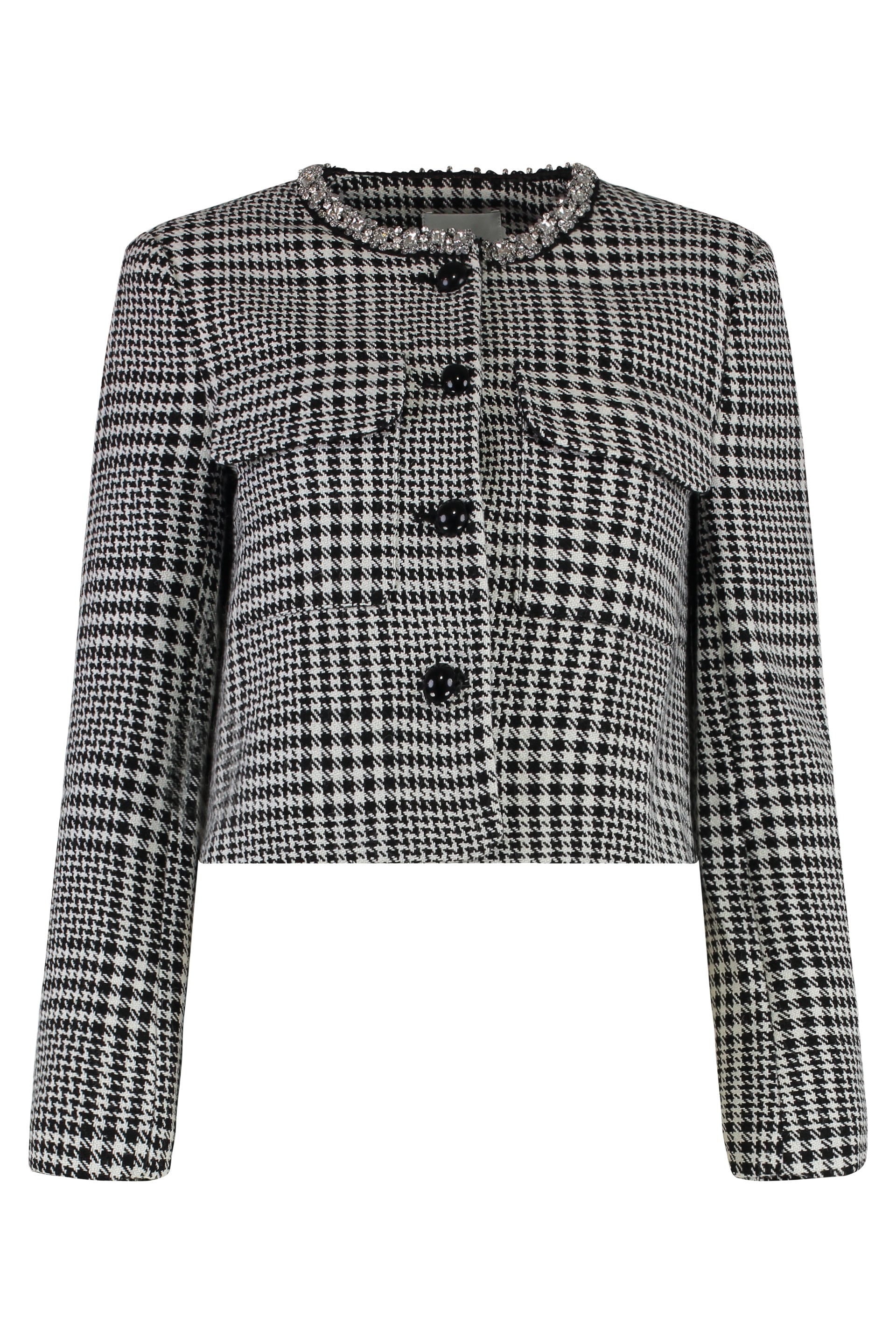 Prince of Wales Check Jacquard Knit Jacket with Decorative Stones