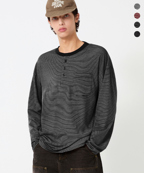 Thin Stripe Pocket Henry Neck Long Sleeve_4color