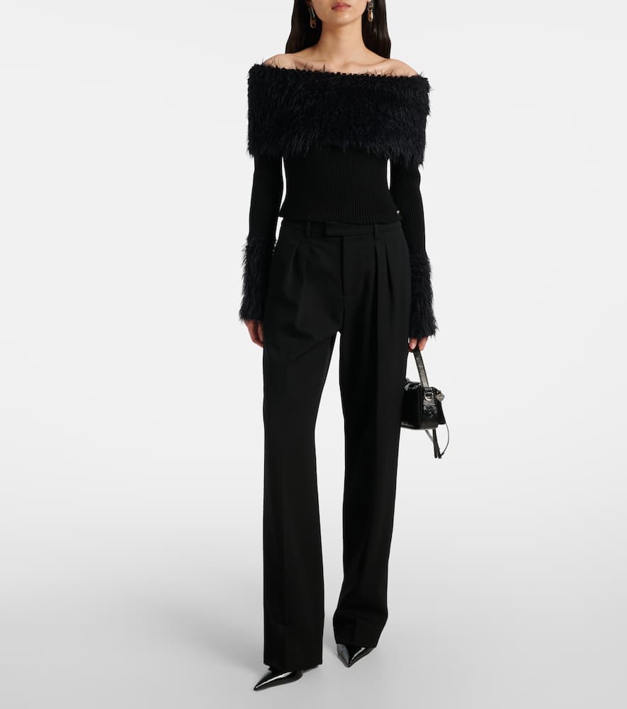 Ribbed-knit faux fur-trimmed top