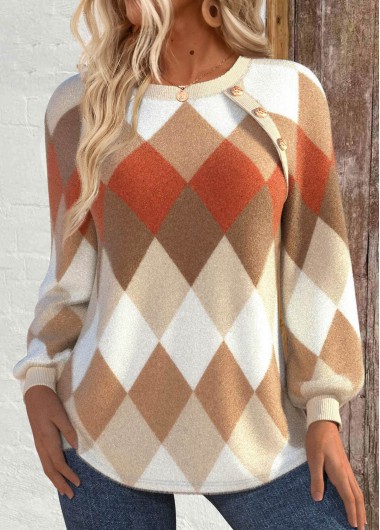 Modlily Light Camel Patchwork Argyle Print Long Sleeve Sweatshirt