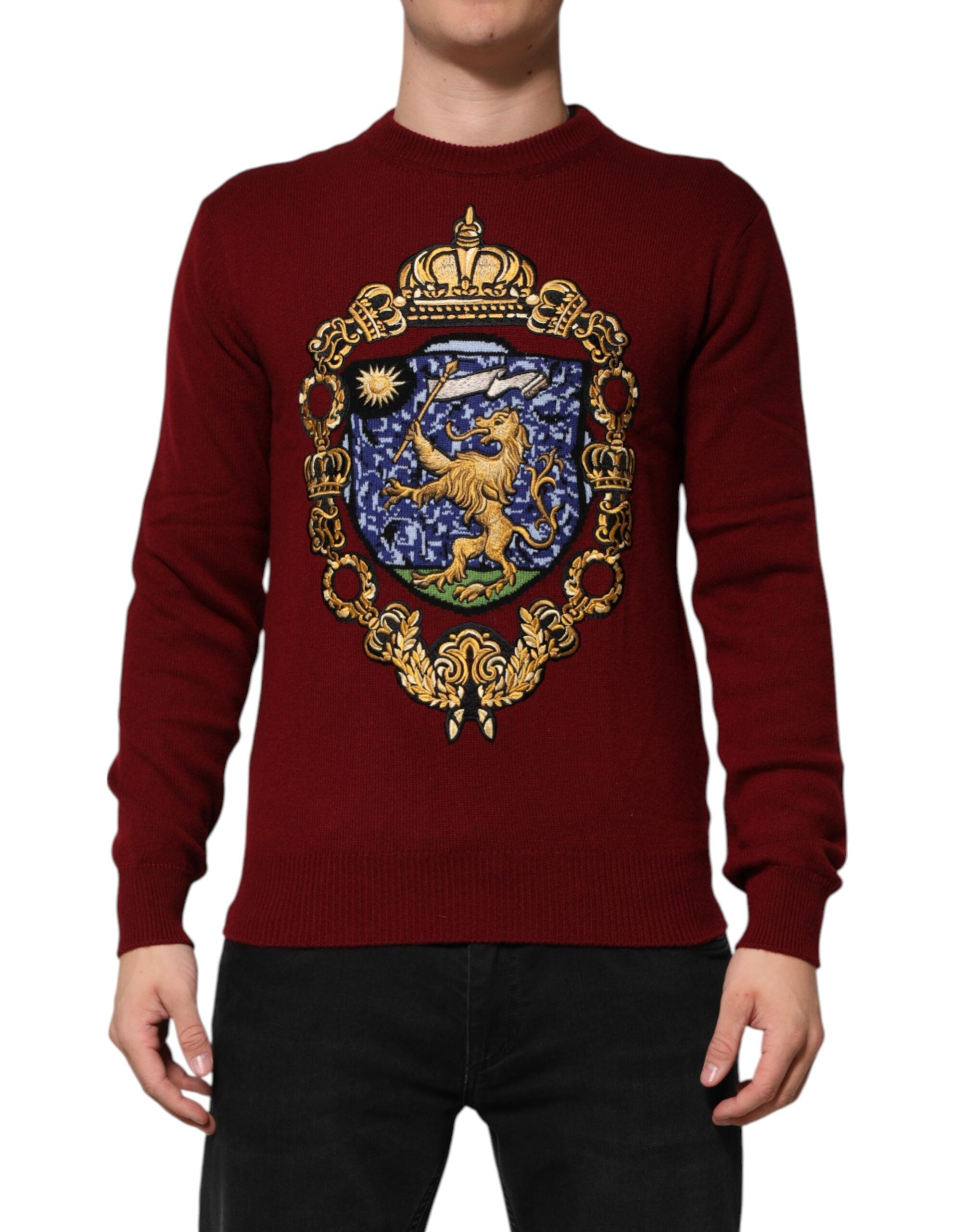 Embroidered Lion Crest Cashmere Sweater — Burgundy