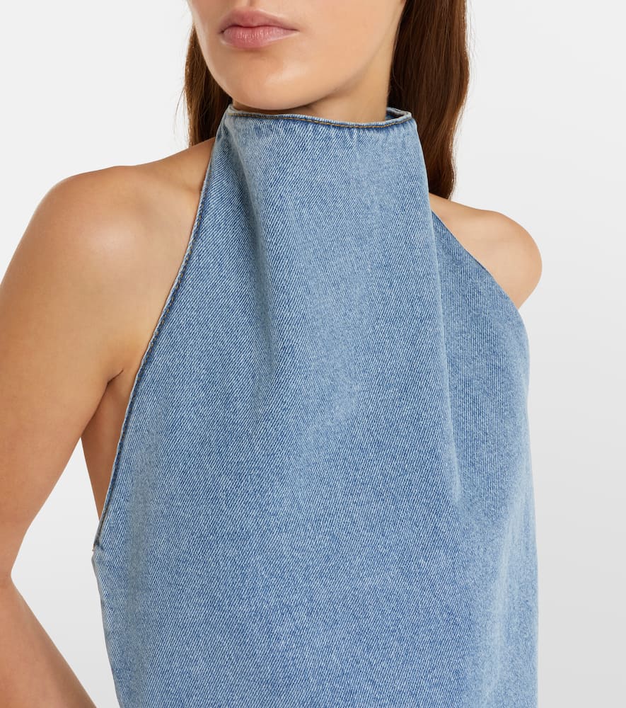 Floral-appliqué denim minidress