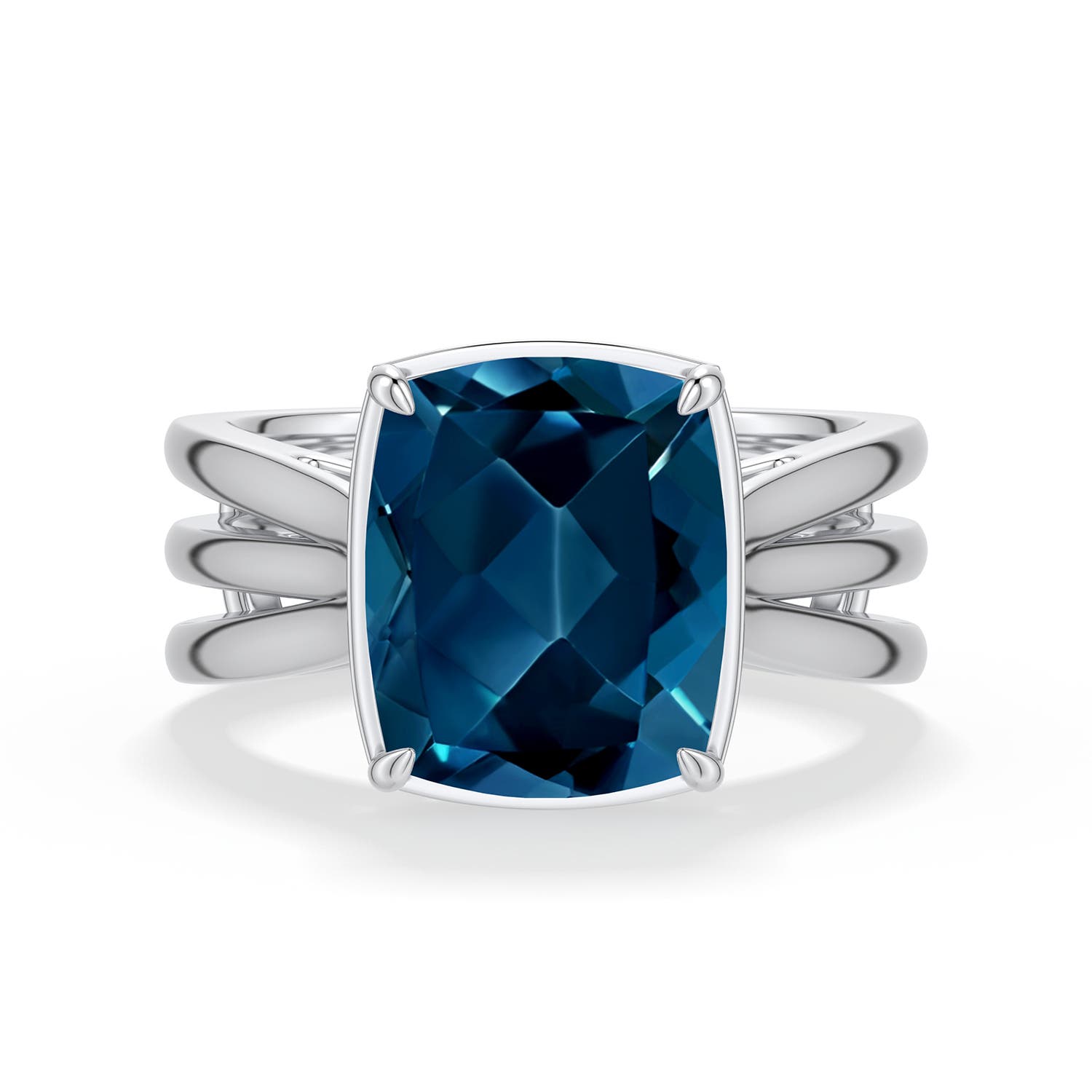 Angara 4.5 CTW Cushion Rectangular London Blue Topaz Triple Split Shank Ring in Silver