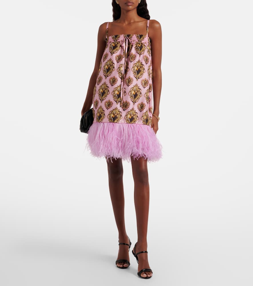 Feather-trimmed printed silk minidress
