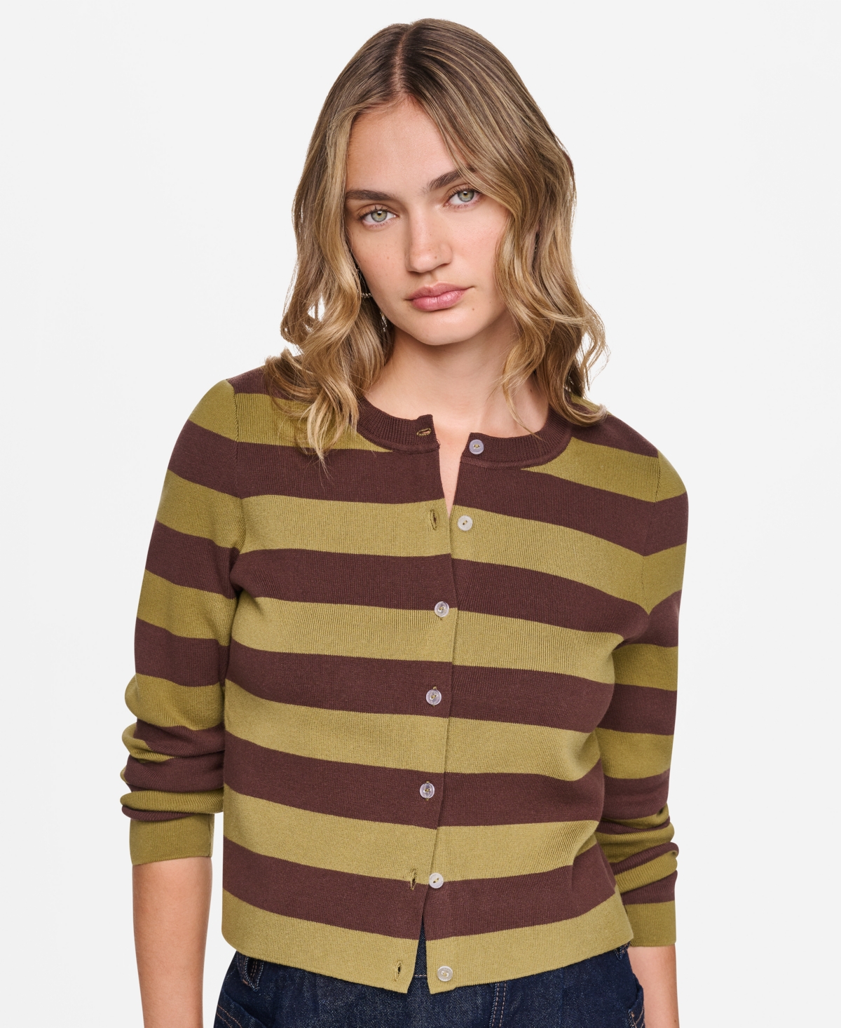 Petite Cropped Striped Crewneck Cardigan - Chestnut Crocodile