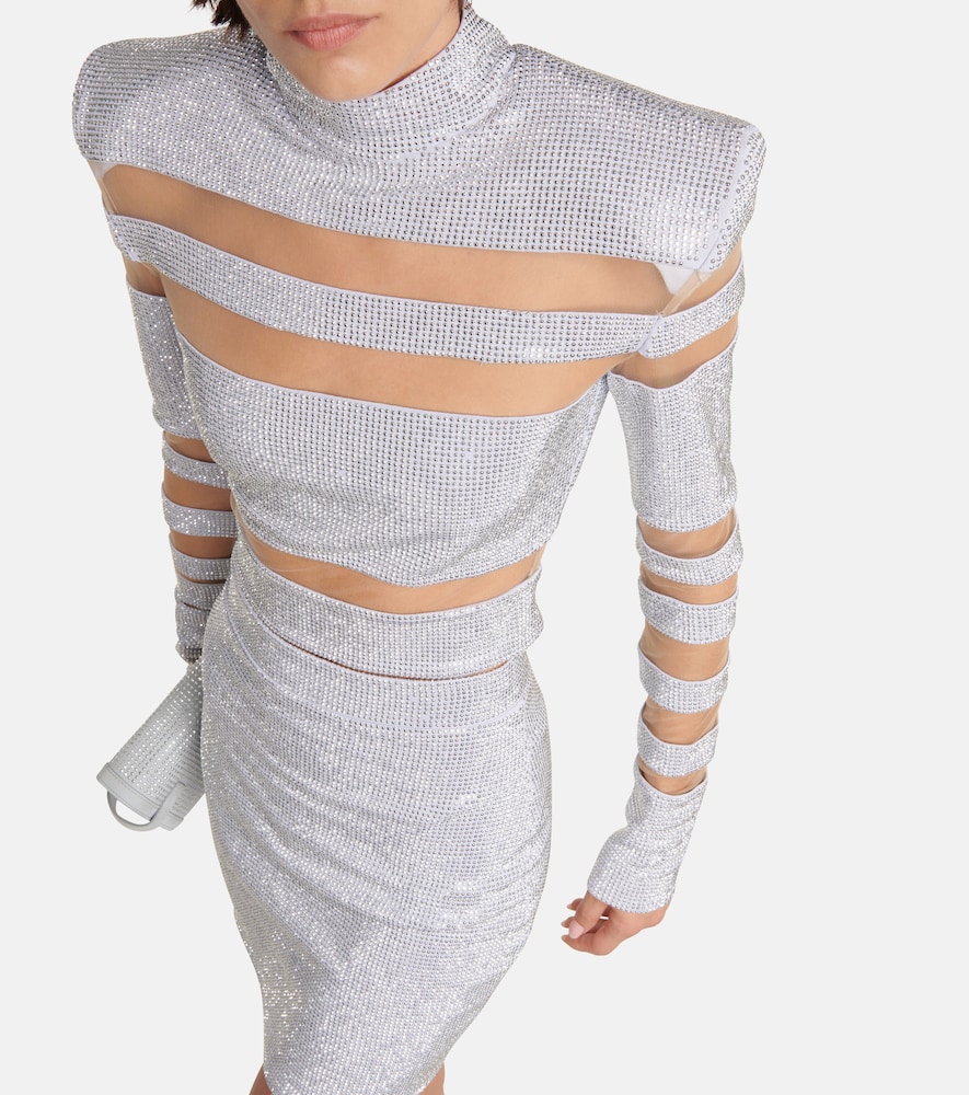 Mesh-paneled embellished top