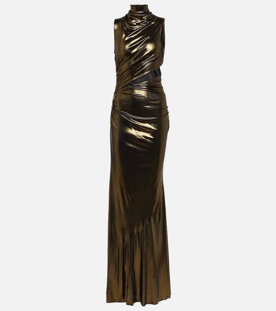 Cutout ruched metallic gown