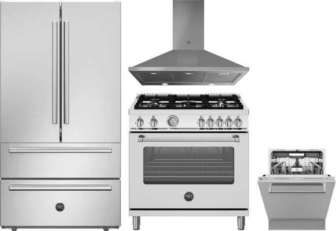 Bertazzoni 4 Piece Kitchen Appliances Package with French Door Refrigerator, Gas Range and Dishwasher in Stainless Steel BERERADWRH1194