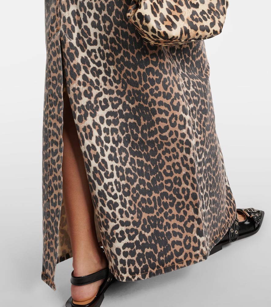 Leopard-print denim maxi skirt