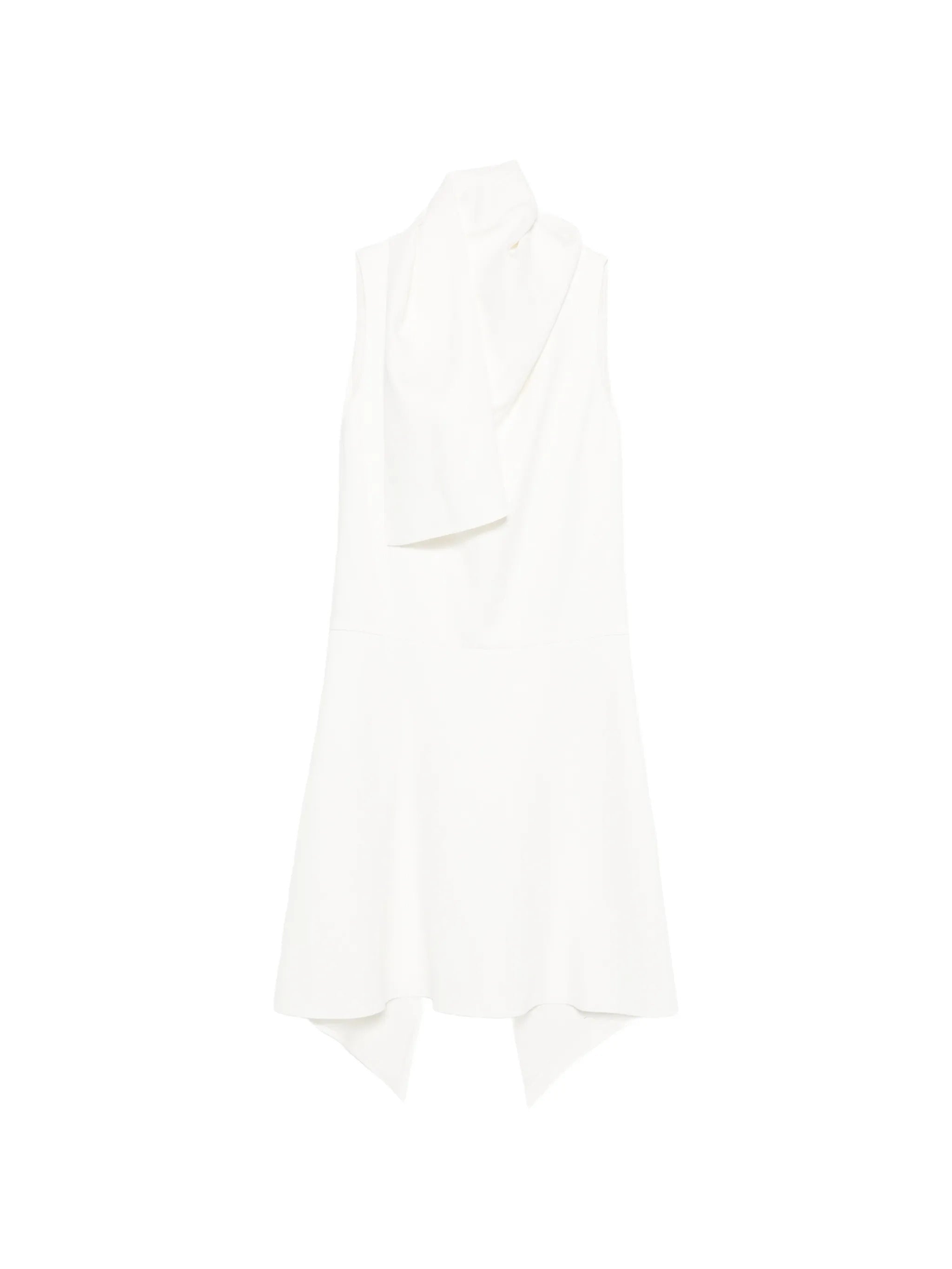 Flowing Crepe Satin Mini Dress with Draped Scarf High Neck