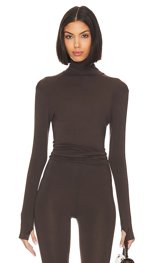 Norma Kamali Slim Fit Long Sleeve Turtle Top in Chocolate. -  XXS also in L, M, S