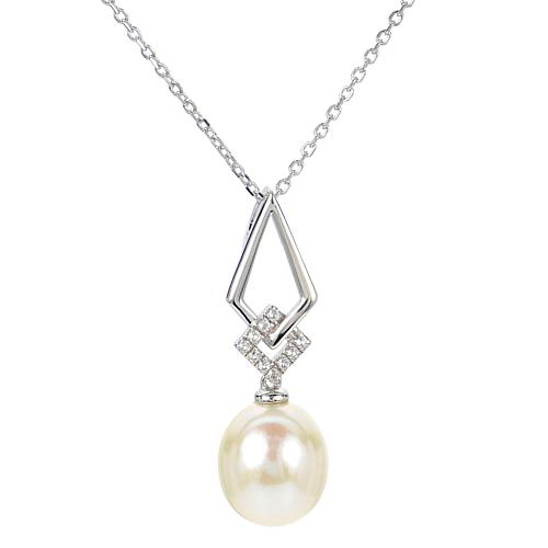"18"" 9-10mm Cultured Pearl and Created Sapphire Kite-Detail Necklace"