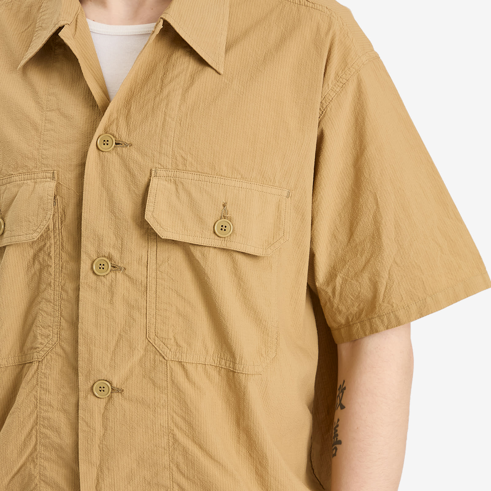 Beams Plus Men's Textured Ripstop Short Sleeve Shirt in Khaki
