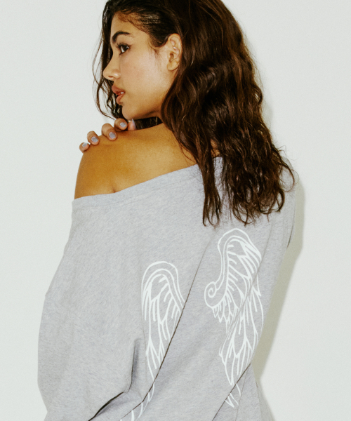 14 DENIM OFF SHOULDER TEE GREY