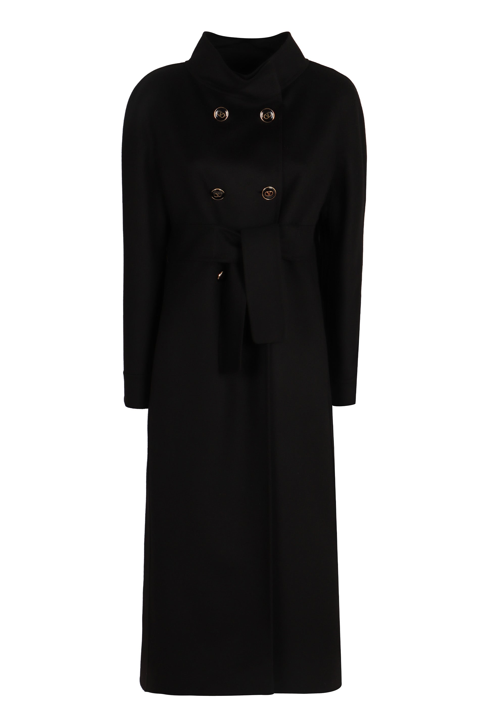 Double-Breasted Wool and Cashmere Jacket with Logo Button Detailing and Waist Belt