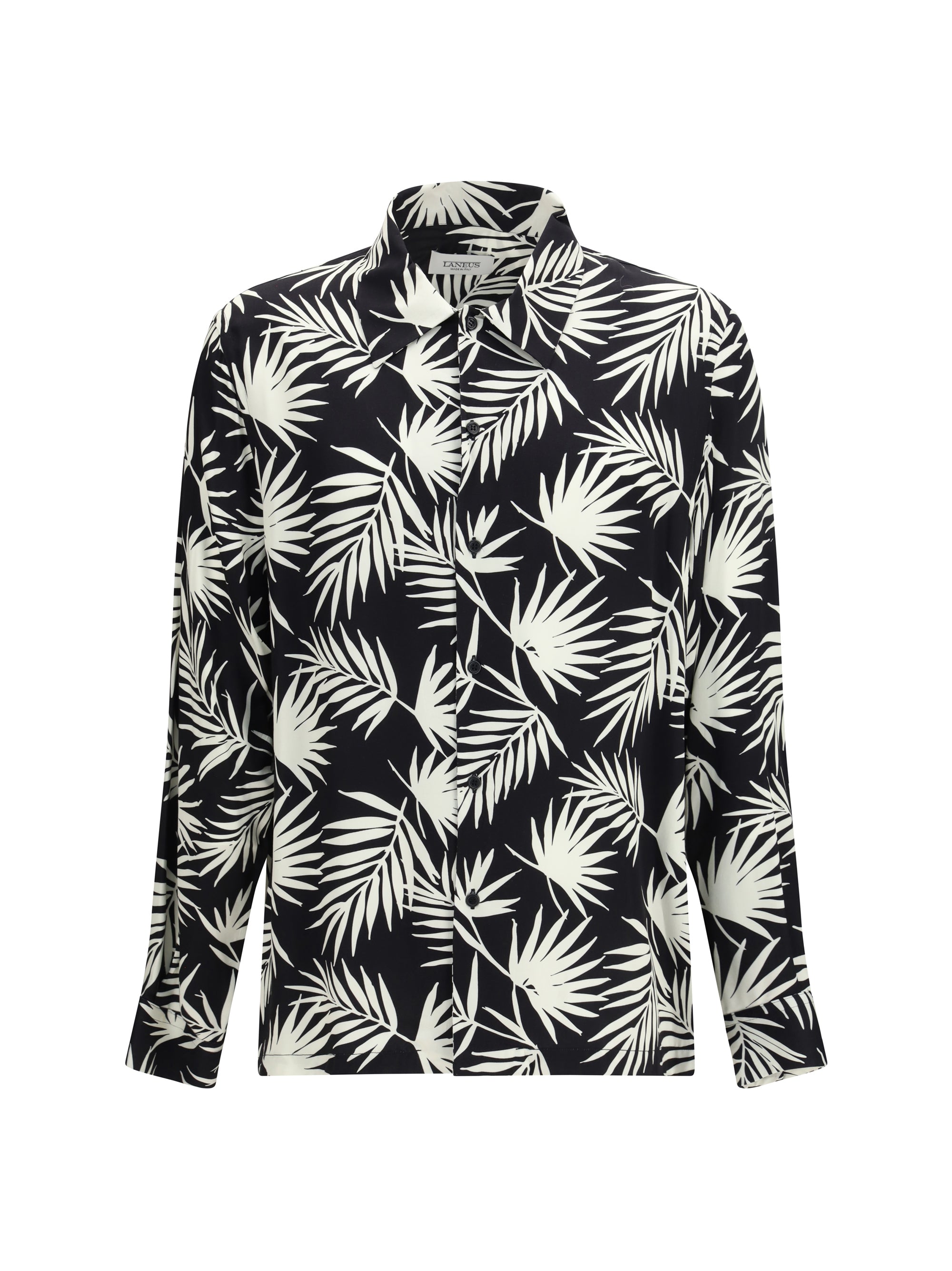 Tropical Palm-Print Viscose Bowling Shirt — Black