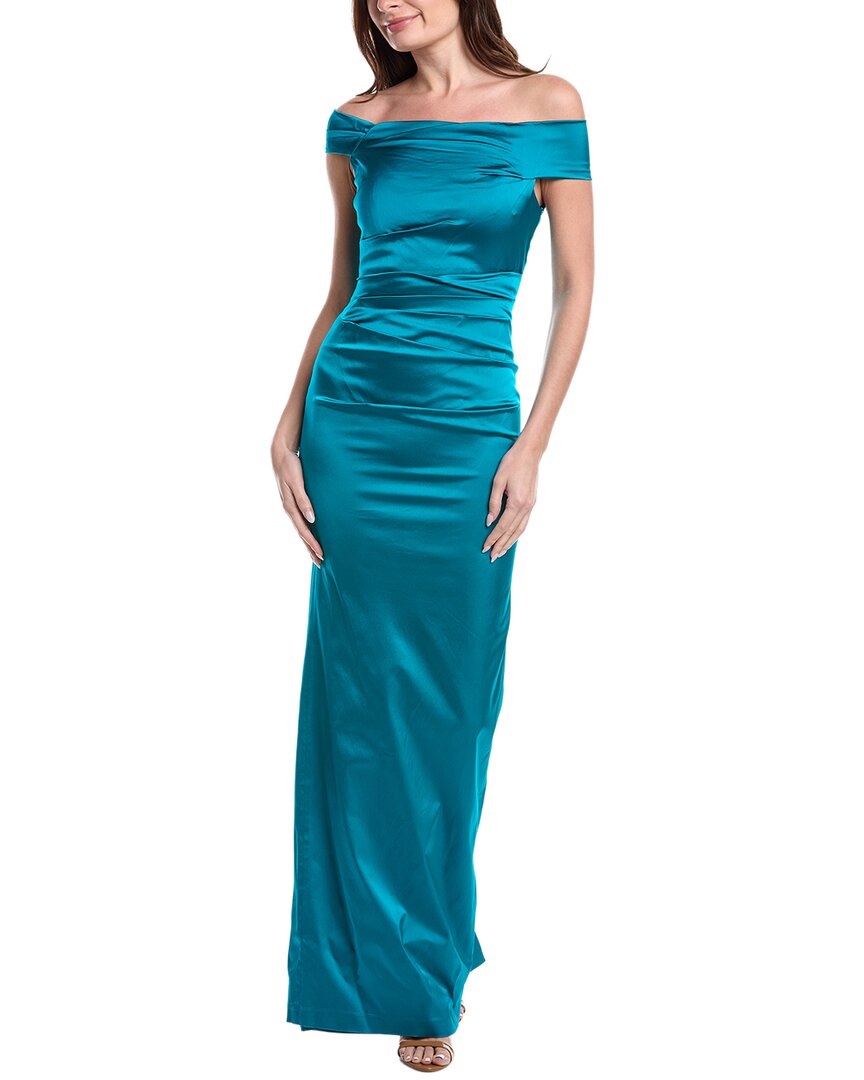 Satin Ruched Asymmetrical Off Shoulder Gown
