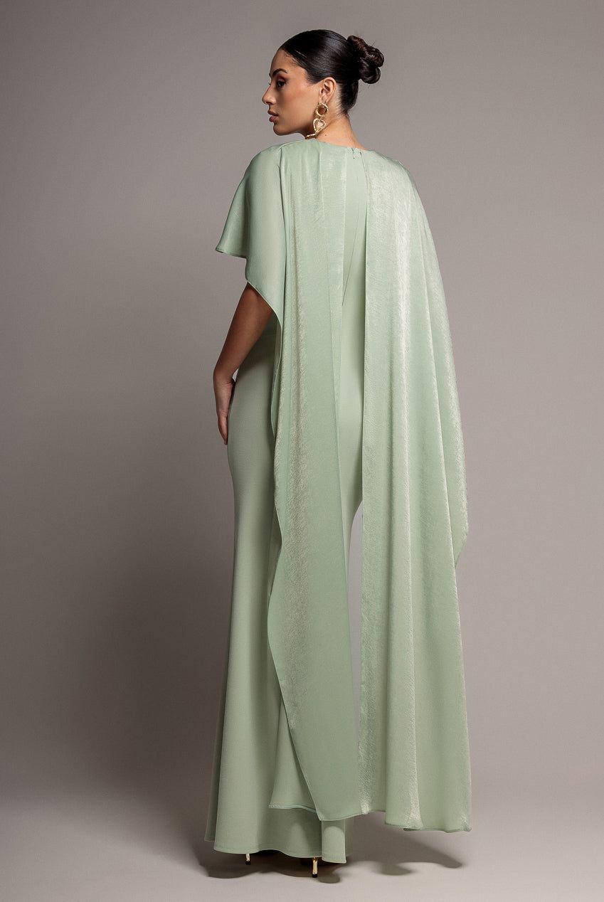 Goddiva Women's Scoop Neck Velvet Satin Cape Sleeve Maxi Dress in Pale Green