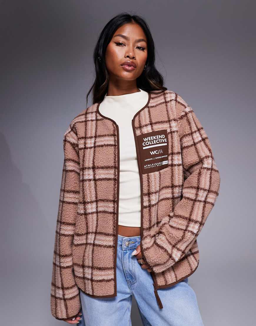 Weekend Collective borg zip through fleece with pink check design-Multi