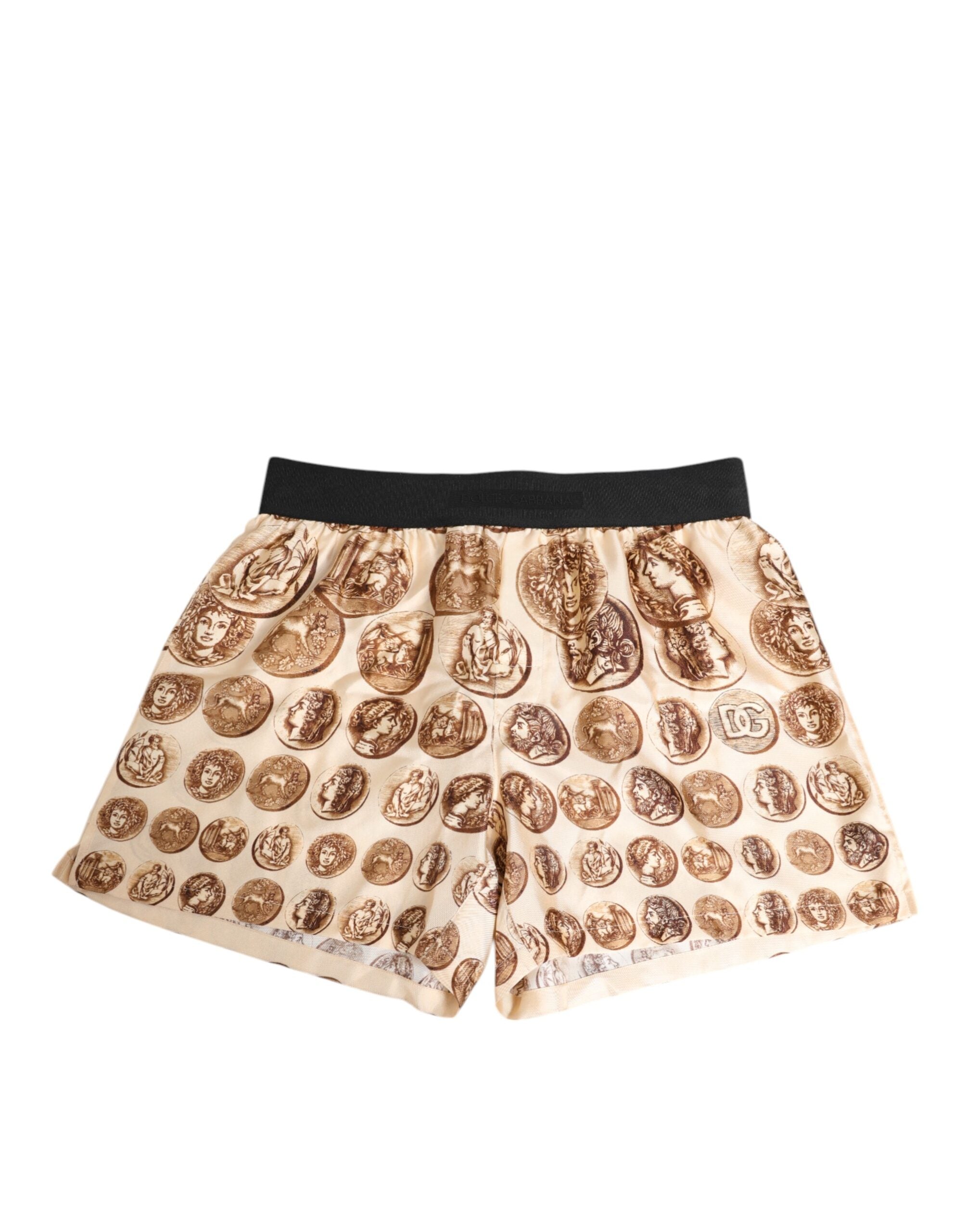 Ancient Coin Print Silk Swim Shorts — Beige