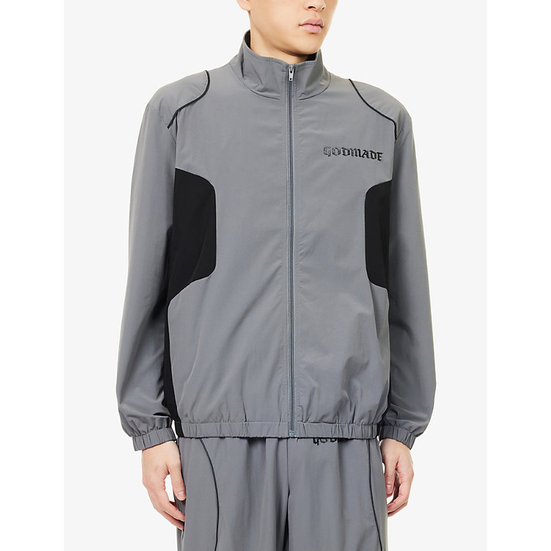 Mens Grey Logo-Print Relaxed-Fit Shell Track Top
