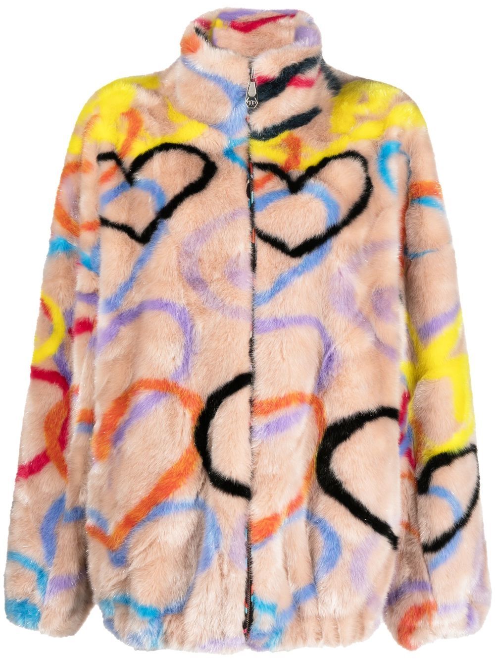 Heart-print high-neck coat - Neutrals