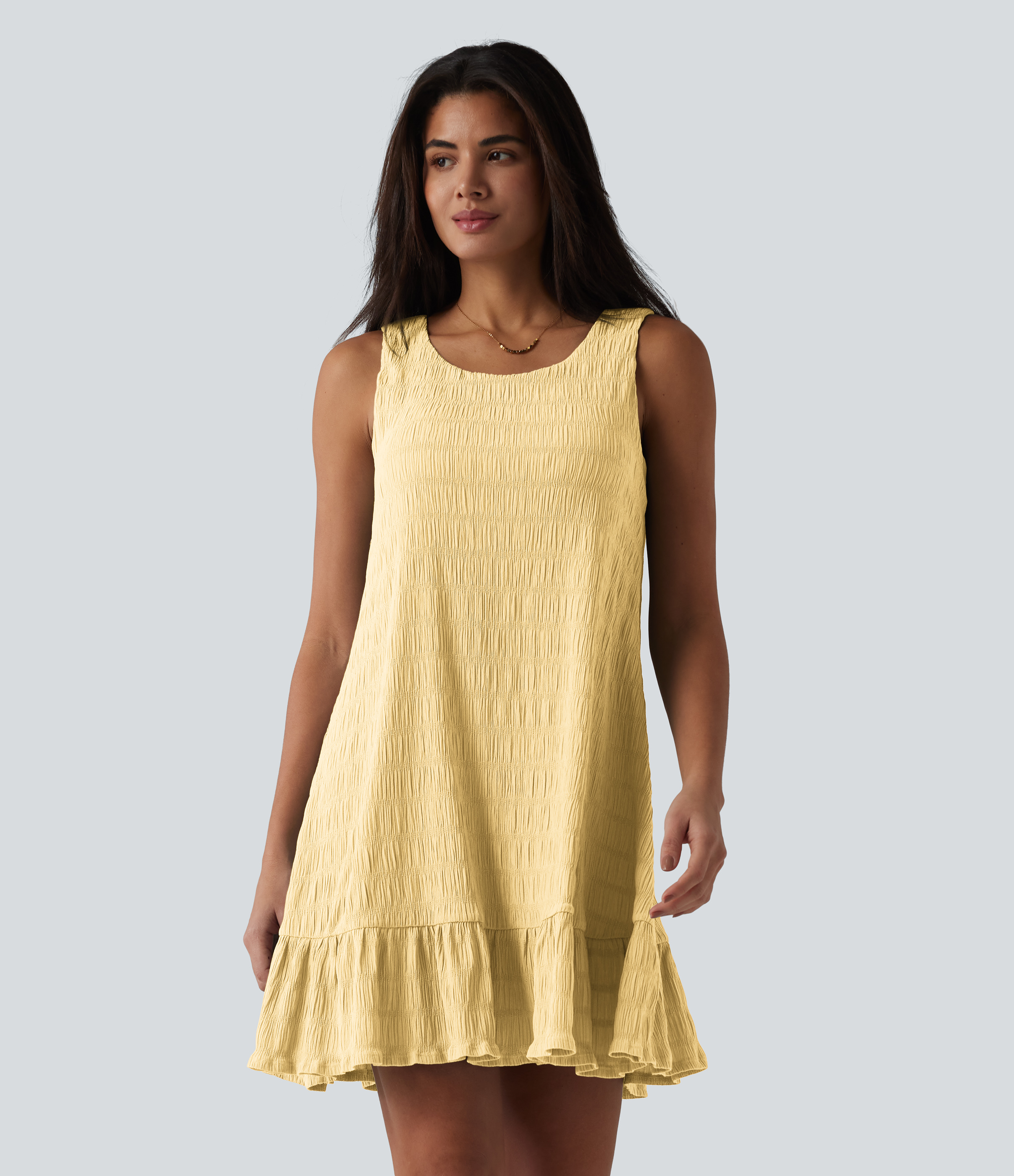 Round Neck Built-in Bra Sleeveless Ruffle Hem Mini Casual Dress Casual Dress - Double Cream