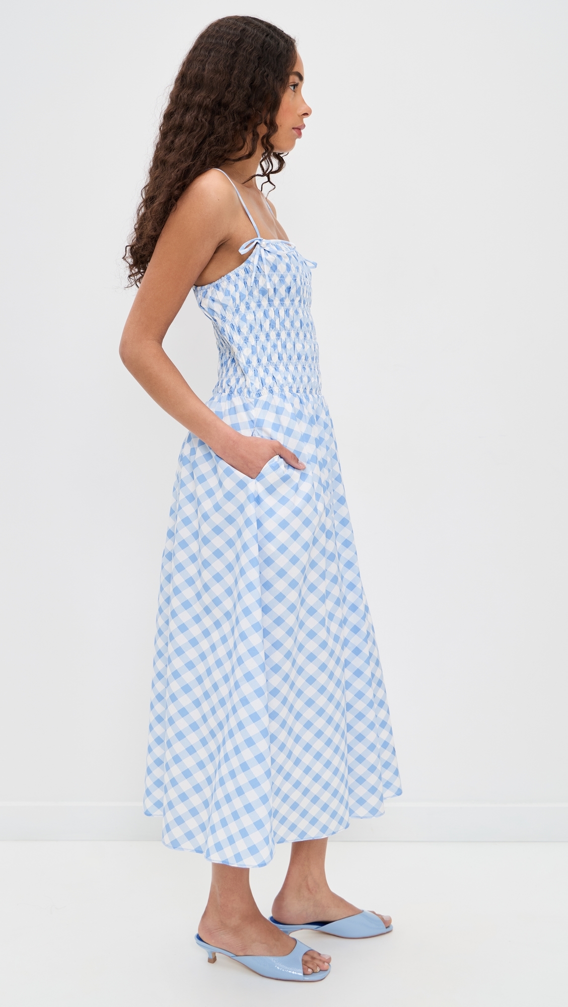Checked Smocked Midi Dress Powder Blue