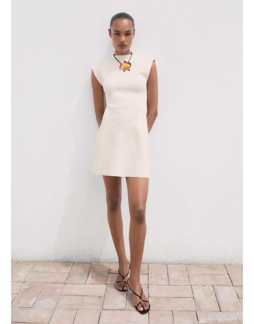 High neck cap sleeve compact knit ini dress in winter white