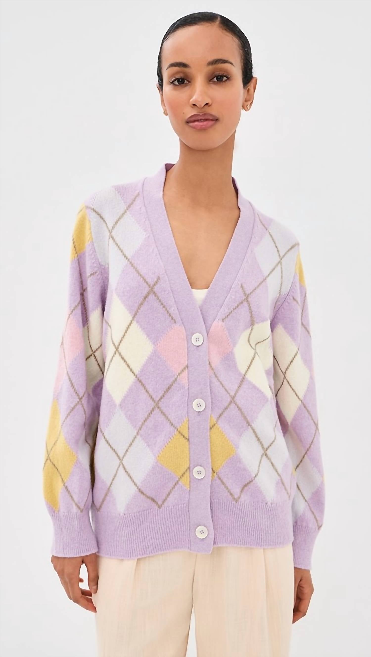Argyle Grand Dad Cardigan In Lilac/white