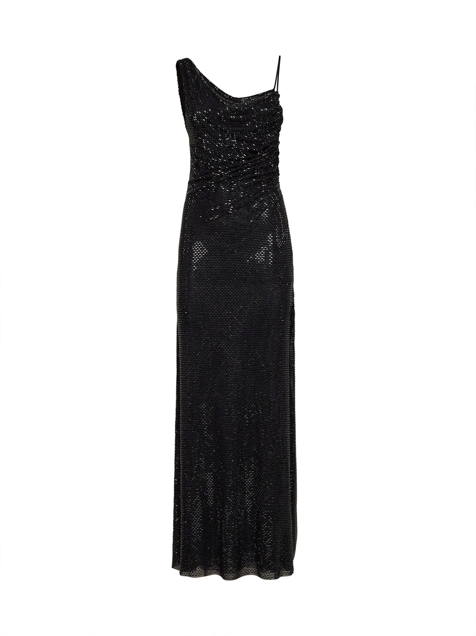 Rhinestone-Embellished Draped Tulle Maxi Dress — Black
