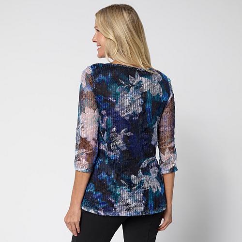 Printed Mesh Knit Sequin Top with Detachable Necklace - Cranberry/Black