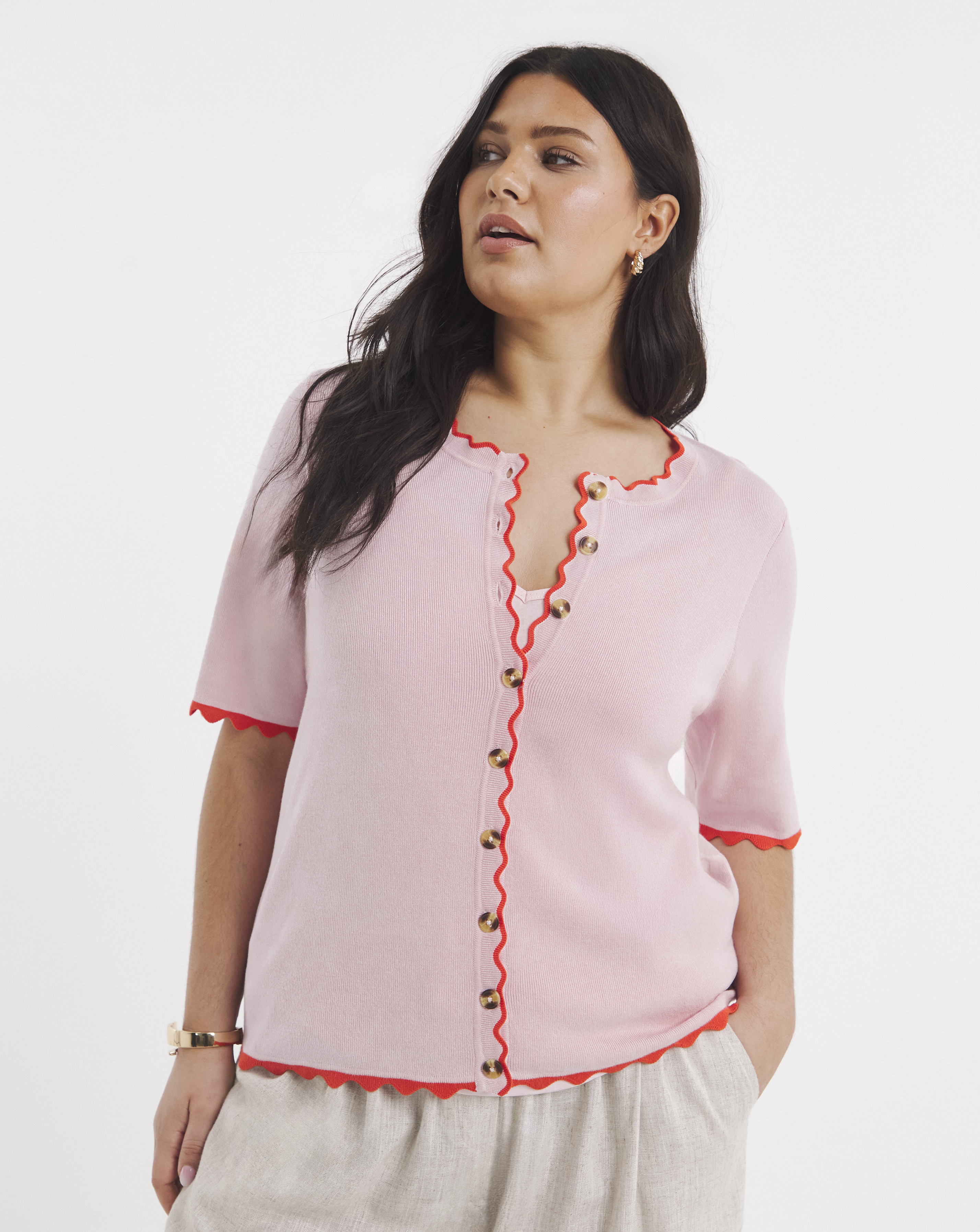 Scallop Detail Short Sleeve Cardigan