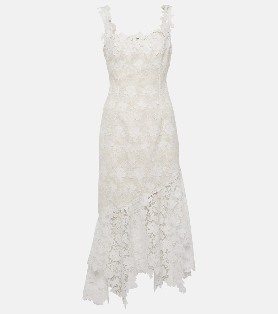 Floral lace-trimmed tweed midi dress