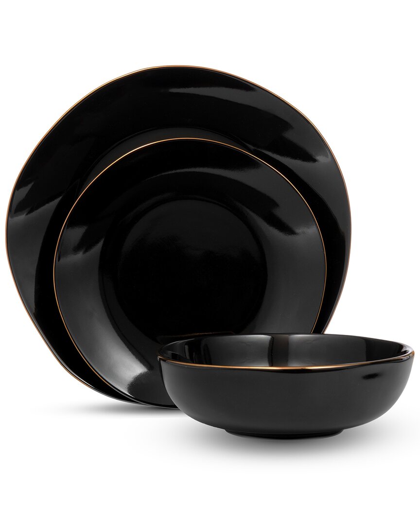Andover Black 12pc Gold Rim Dinnerware Set, Service For 4