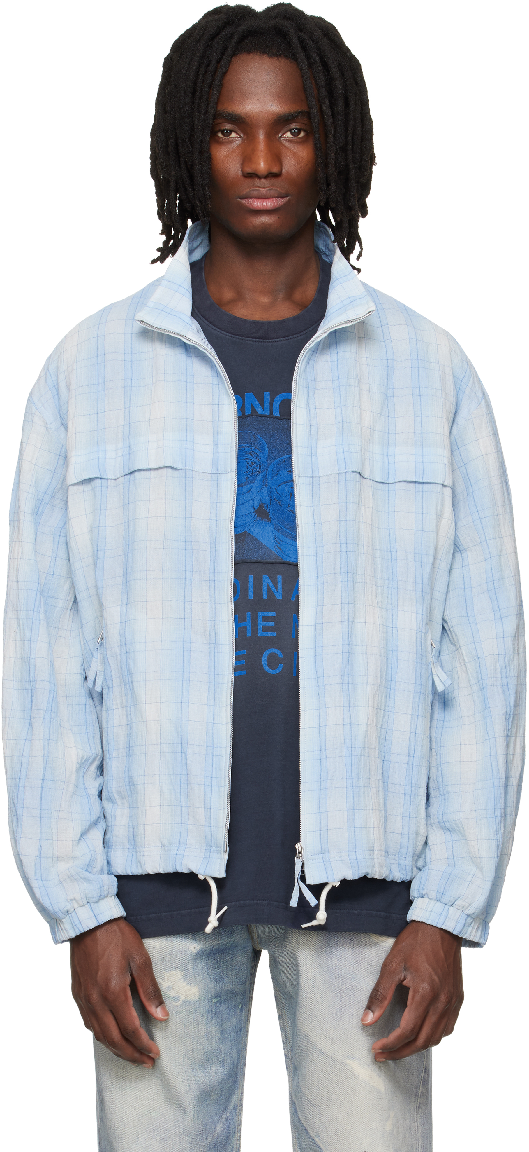 Blue High Neck Check Blouson Jacket