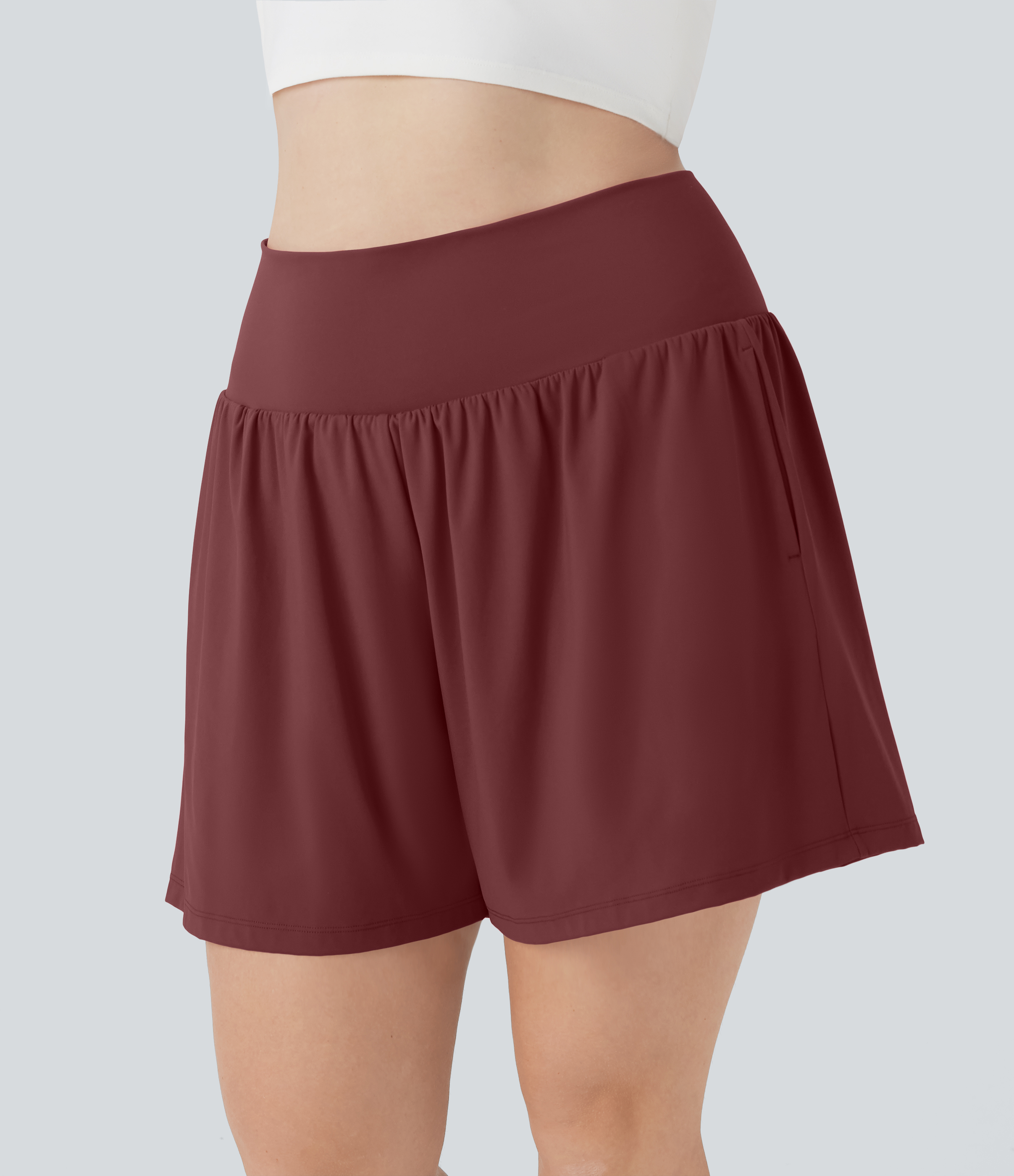 "SoftlyZero™ Airy Super High Waisted 2-in-1 Cool Touch Yoga Plus Size Shorts 7"" with Pockets Gym Short - Madder Brown