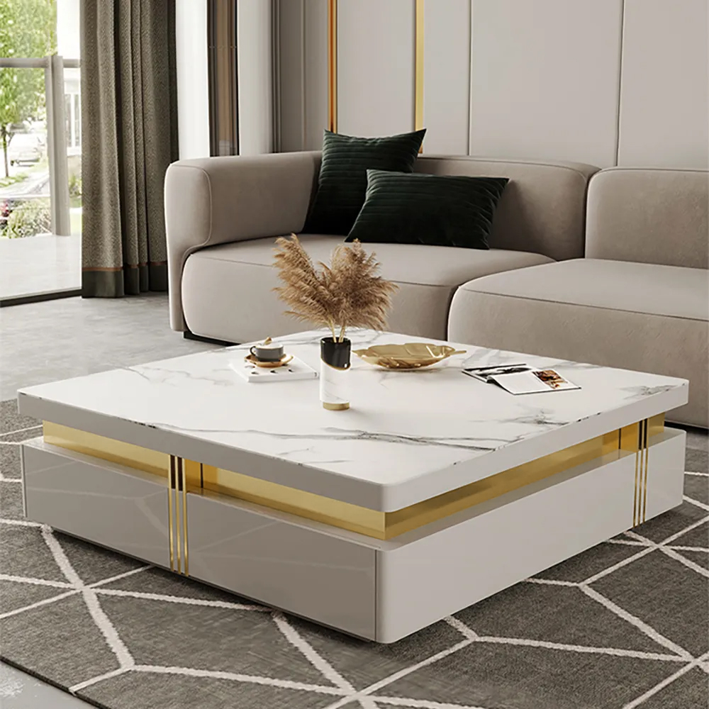 Trimied 1100mm Modern White Square Storage Coffee Table Stone Top with 4 Wood Drawer