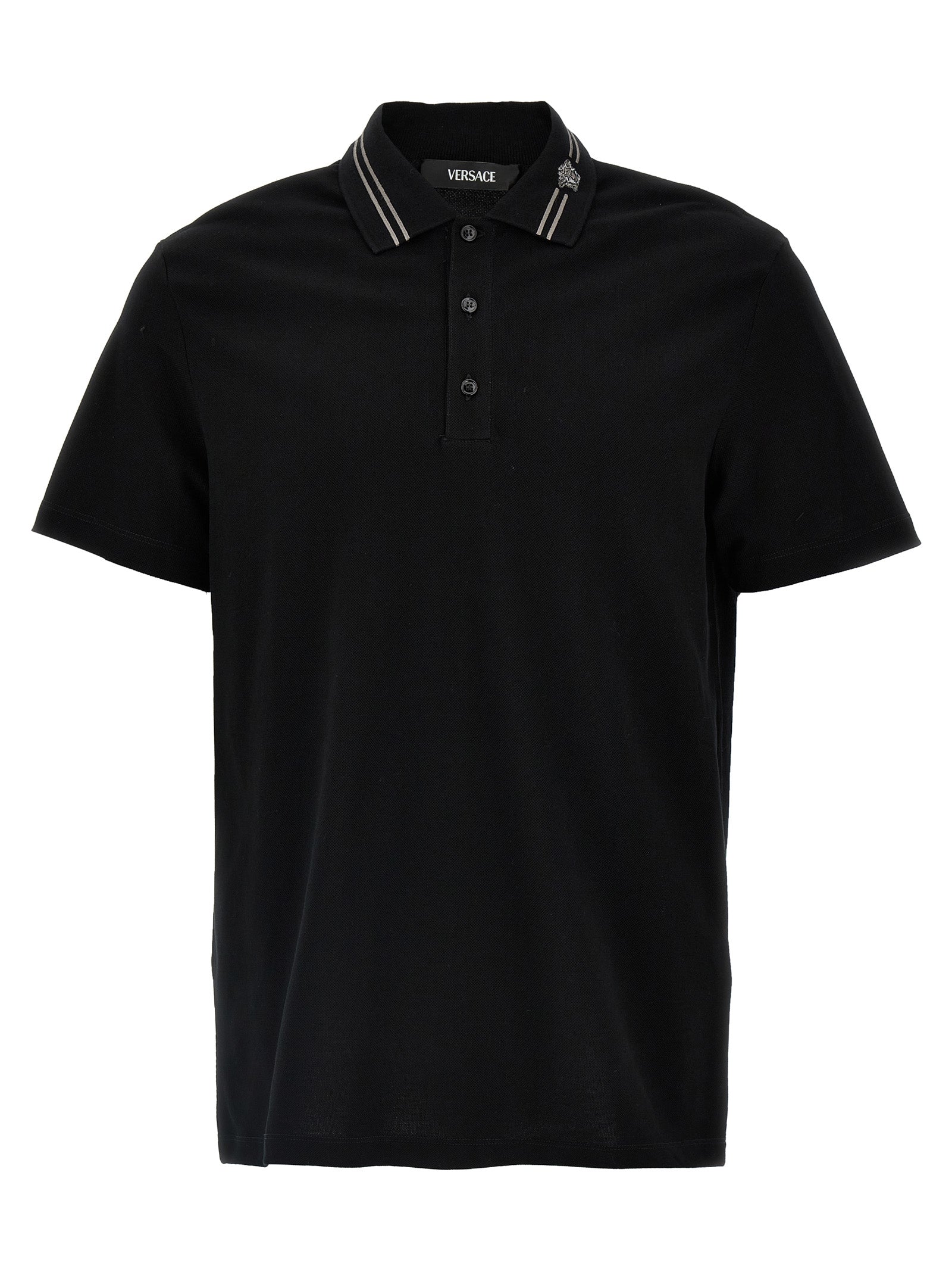 Medusa-Embroidered Cotton Piqué Polo Shirt — Black