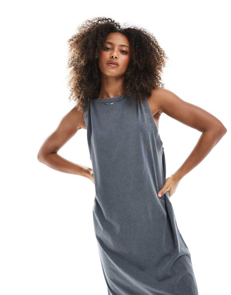 ASOS DESIGN Womens sleeveless twist shoulder column midi dress in washed grey - Charcoa