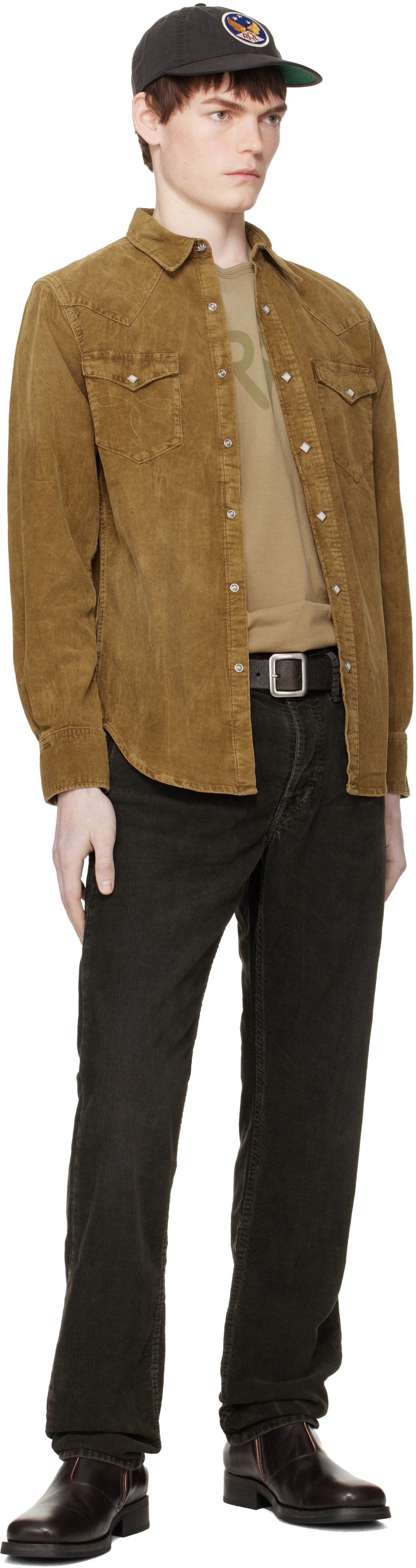 Tan Slim Fit Corduroy Western Shirt
