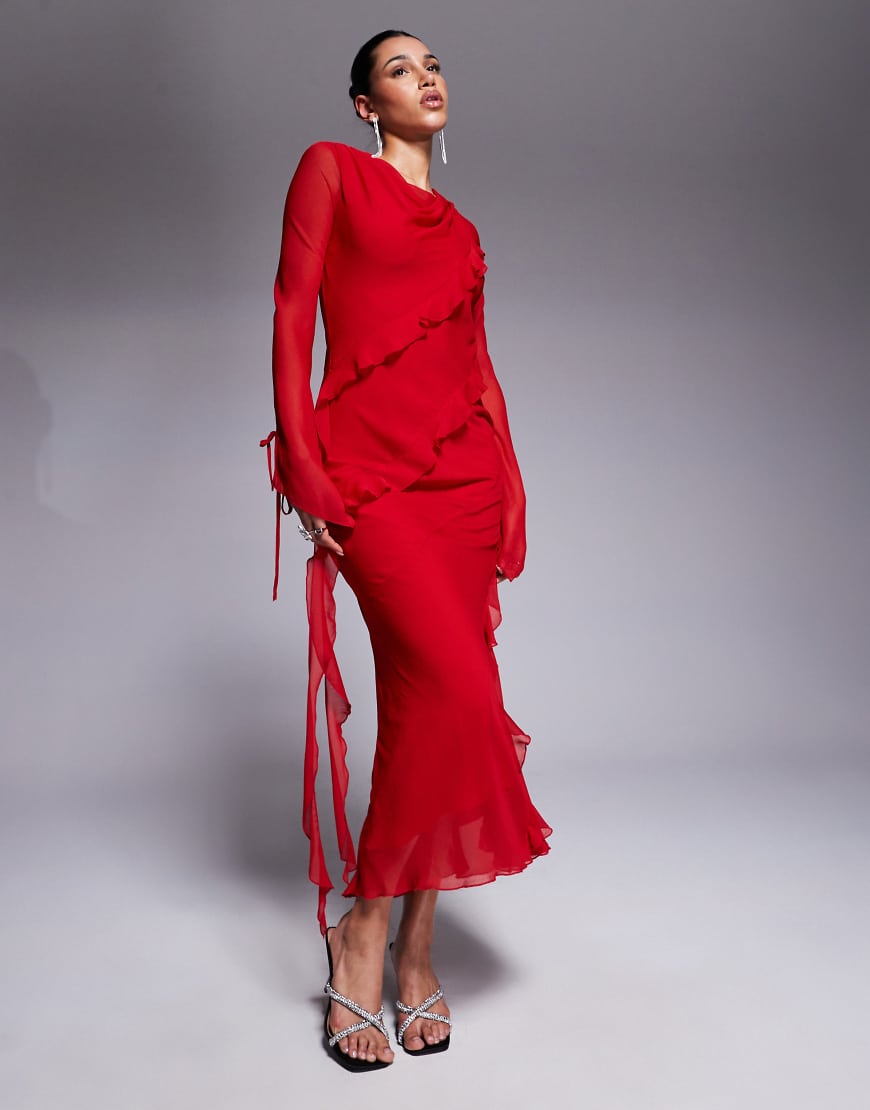 Chiffon maxi dress with frill details in red
