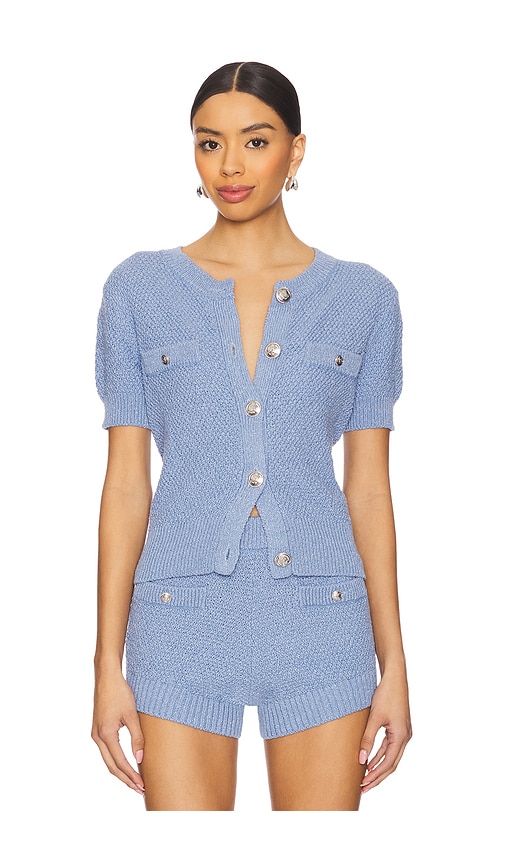 Central Park West Seed Stitch Short Sleeve Cardigan in Blue. M. Also in L
