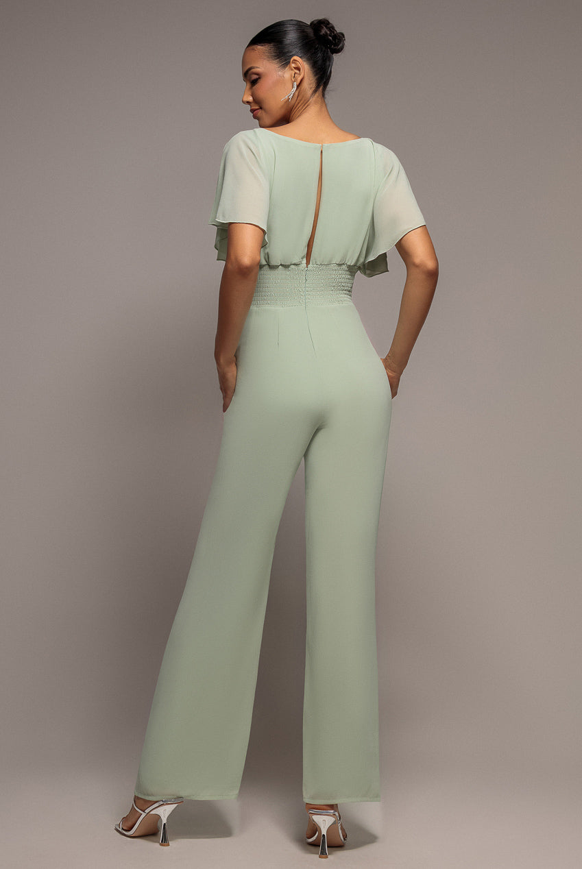 Goddiva Chiffon Jumpsuit With Flutter Sleeves - Sage Green