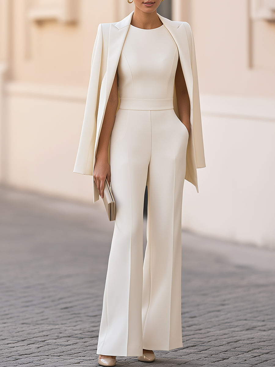 Elegant Cape-Style Blazer And Sleeveless Wide-Leg Jumpsuit Two-piece Set - Ivory