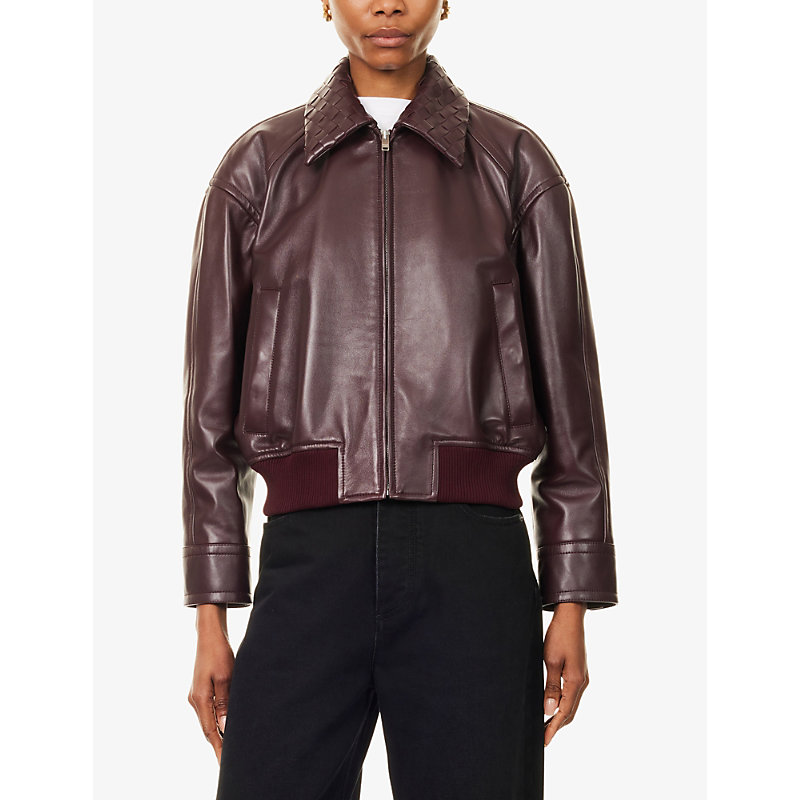 Womens Intrecciato-Collar Leather Bomber Jacket