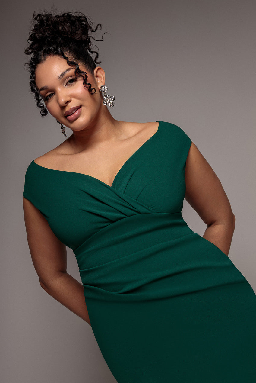 Goddiva Plus Bardot Pleated Midi Dress - Emerald Green