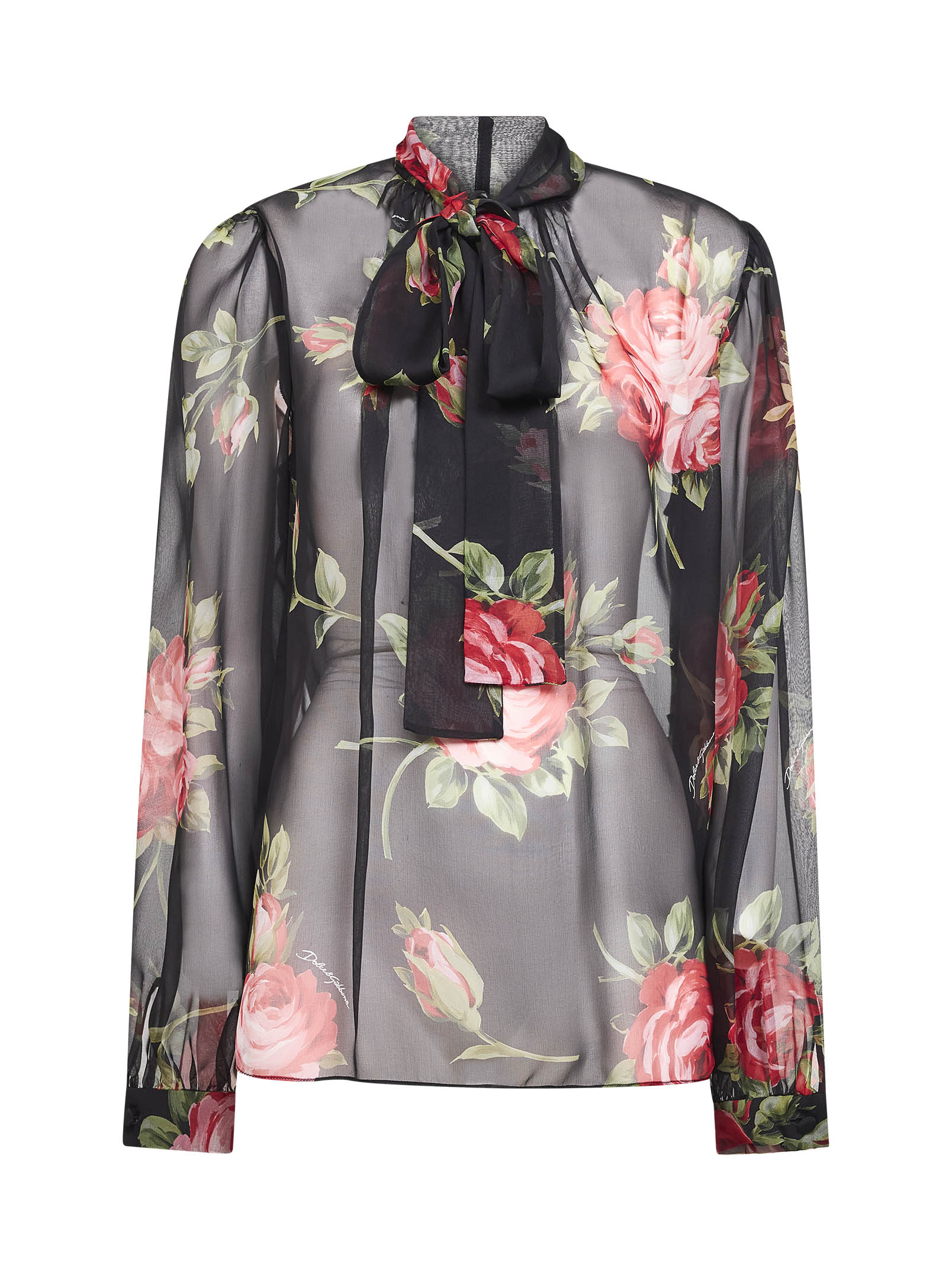 Rose Bouquet-Print Silk Chiffon Shirt — Multicolor