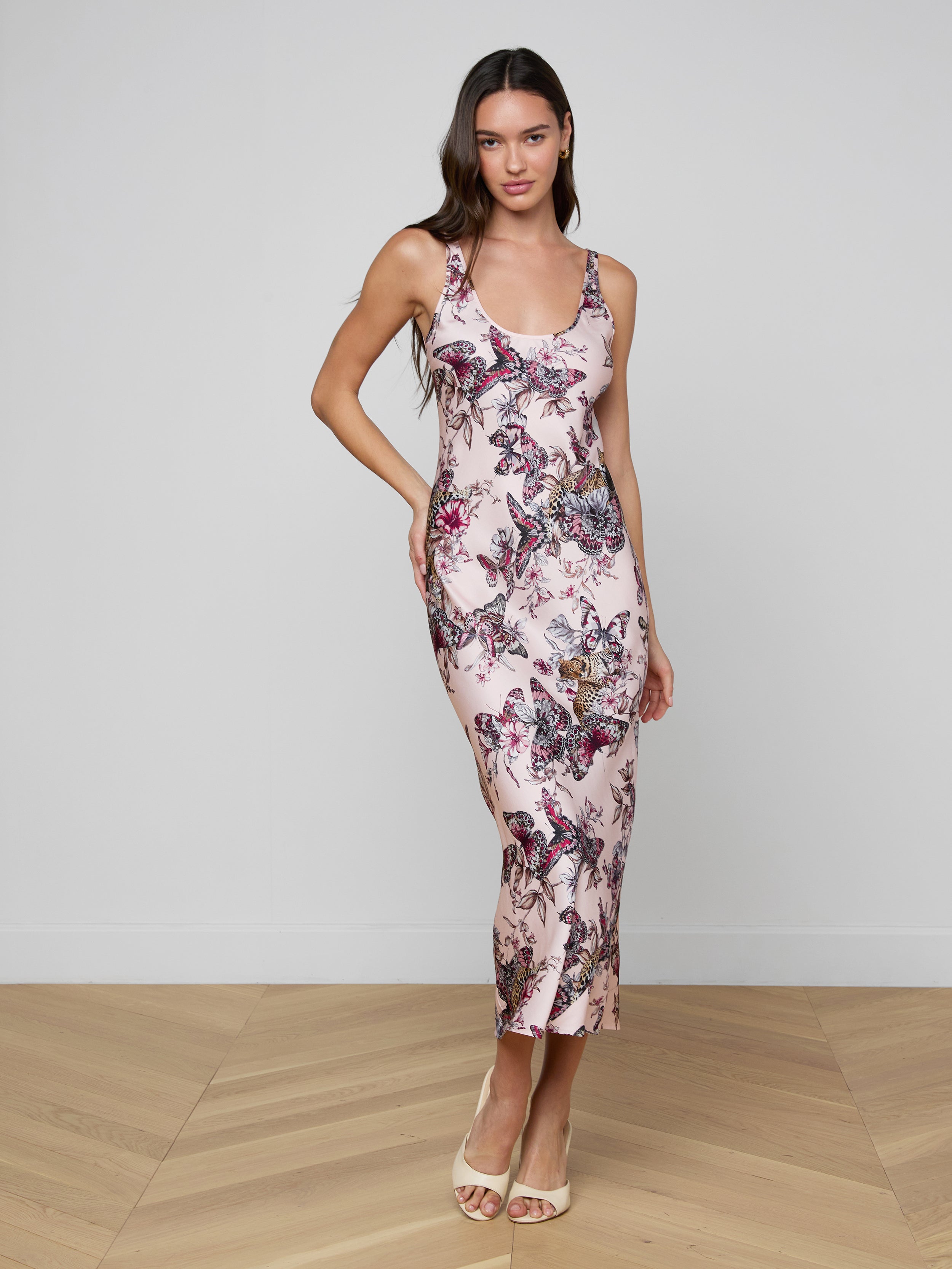 Akiya Satin Maxi Dress In Light Nectar Pink Multi Large Butterfly Jungle