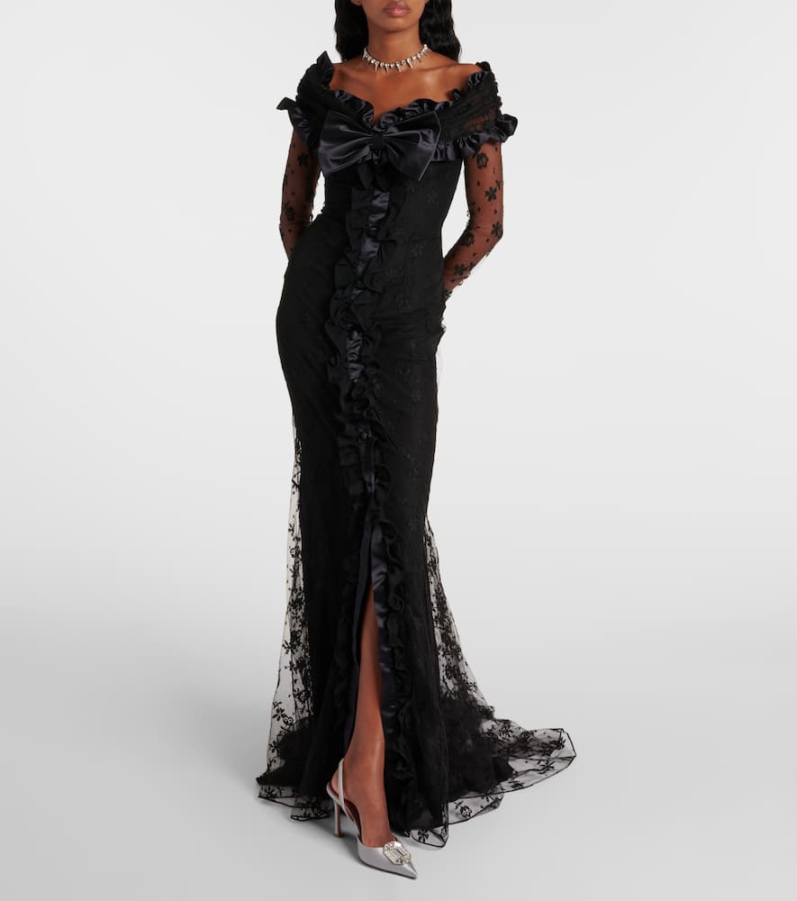 Bow-detail ruffled off-shoulder lace gown